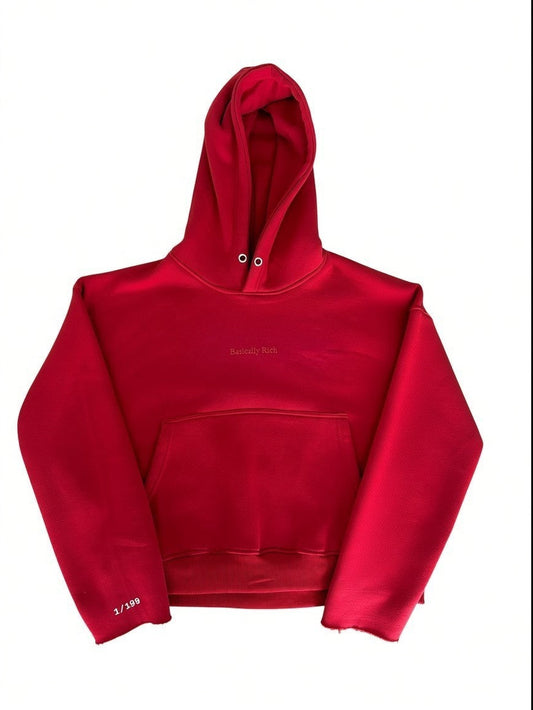 Basically Rich crimson red hoodie with embroidered logo, drawstring hood, kangaroo pocket, and raw hem. Limited edition 1/199.