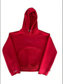 Basically Rich crimson red hoodie with embroidered logo, drawstring hood, kangaroo pocket, and raw hem. Limited edition 1/199.